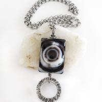 Eye Agate Black White Stone Silver Pewter Necklace - One of a Kind Unique Natural Stone Jewelry