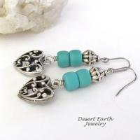 Silver Tone Pewter Filigree Heart Earrings with Turquoise Colored Beads - Romantic Jewelry Gift