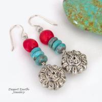 Turquoise & Red Coral Silver Tone Flower Earrings - Bright Colorful Boho Sundance Style Jewelry