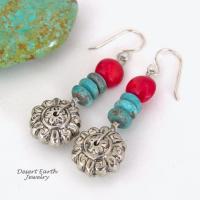 Turquoise & Red Coral Silver Tone Flower Earrings - Bright Colorful Boho Sundance Style Jewelry