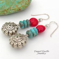 Turquoise & Red Coral Silver Tone Flower Earrings - Bright Colorful Boho Sundance Style Jewelry