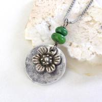 Silver Pewter Flower Pendant with Green Serpentine Gemstones - Unique Nature Jewelry Gifts for Women
