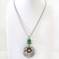 Silver Pewter Flower Pendant with Green Serpentine Gemstones - Unique Nature Jewelry Gifts for Women