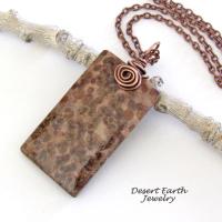 Brown Fossil Jasper Stone Pendant with Copper Chain Necklace - Earthy Natural Stone Jewelry
