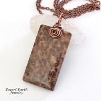 Brown Fossil Jasper Stone Pendant with Copper Chain Necklace - Earthy Natural Stone Jewelry