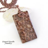 Brown Fossil Jasper Stone Pendant with Copper Chain Necklace - Earthy Natural Stone Jewelry