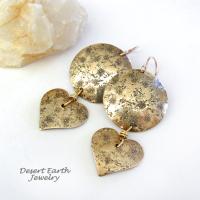 Gold Brass Earrings with Heart Dangles & Hand Stamped Texture - Romantic Jewelry Gifts for Women