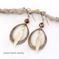 Rustic Textured Brass Hoop Earrings with Bone Feather Dangles and African Batik Bone Beads