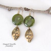 Gold Brass Leaf Dangle Earrings with Green Jade Gemstones - Earthy Nature Jewelry Gifts for Women