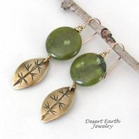 Gold Brass Leaf Dangle Earrings with Green Jade Gemstones - Earthy Nature Jewelry Gifts for Women