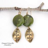 Gold Brass Leaf Dangle Earrings with Green Jade Gemstones - Earthy Nature Jewelry Gifts for Women