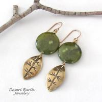 Gold Brass Leaf Dangle Earrings with Green Jade Gemstones - Earthy Nature Jewelry Gifts for Women