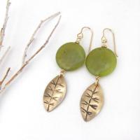 Gold Brass Leaf Dangle Earrings with Green Jade Gemstones - Earthy Nature Jewelry Gifts for Women