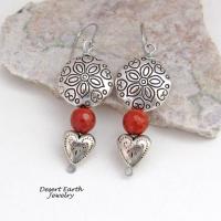 Hearts and Flowers Pewter Earrings with Red Coral and Small Heart Dangles - 10th Anniversary Gift for Wife