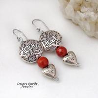 Hearts and Flowers Pewter Earrings with Red Coral and Small Heart Dangles - Unique Valentine Jewelry Gifts for Women - 10th Anniversary Gift for Wife