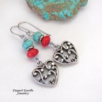 Pewter Heart Filigree Earrings with Turquoise and Red Coral - Sundance Southwest Style Jewelry - Valentine Jewelry Gifts for Women