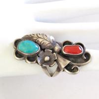 Big Bold Turquoise Sterling Silver Ring with Red Coral - Size 7-3/4" - Vintage Southwestern Jewelry