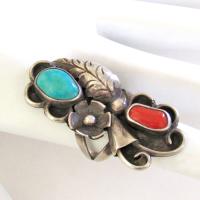 Big Bold Turquoise Sterling Silver Ring with Red Coral - Size 7-3/4" - Vintage Southwestern Jewelry