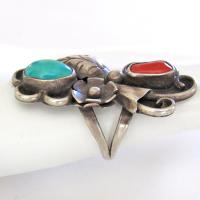 Big Bold Turquoise Sterling Silver Ring with Red Coral - Size 7-3/4" - Vintage Southwestern Jewelry