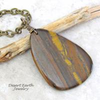 Large Tiger's Eye Stone Pendant on Antiqued Gold Brass Chain - Handmade Earthy Natural Stone Jewelry