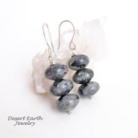 Larvikite Gemstone Dangle Earrings on Sterling Silver Ear Wires - Black Labradorite Norwegian Moonstone Jewelry 