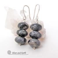 Larvikite Gemstone Dangle Earrings on Sterling Silver Ear Wires - Black Labradorite Norwegian Moonstone Jewelry 