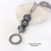 Larvikite Necklace with Pewter Circle Hoop Dangle - Black Labradorite Norwegian Moonstone Jewelry