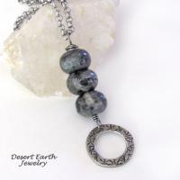 Larvikite Necklace with Pewter Circle Hoop Dangle - Black Labradorite Norwegian Moonstone Jewelry