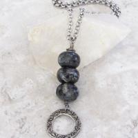 Larvikite Necklace with Pewter Circle Hoop Dangle - Black Labradorite Norwegian Moonstone Jewelry