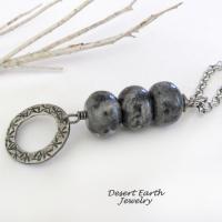 Larvikite Necklace with Pewter Circle Hoop Dangle - Black Labradorite Norwegian Moonstone Jewelry