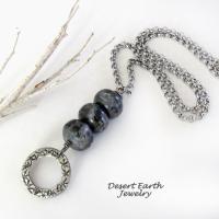 Larvikite Necklace with Pewter Circle Hoop Dangle - Black Labradorite Norwegian Moonstone Jewelry