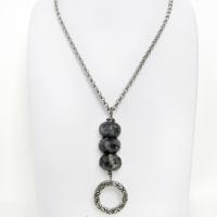 Larvikite Necklace with Pewter Circle Hoop Dangle - Black Labradorite Norwegian Moonstone Jewelry