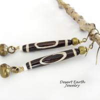 Long African Batik Bone Bead Earrings with Brass Bell Dangles - Handmade Ethnic Boho Tribal Jewelry