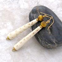 Long African Carved Bone Earrings with Golden Brown Tiger's Eye Gemstones