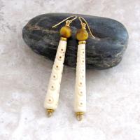 Long African Carved Bone Earrings with Golden Brown Tiger's Eye Gemstones