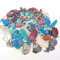 Jewelry Making Bead Lot of Mixed Gemstones, Beads, Metal Components, Southwest Conchos in Turquoise, Blue and Pink Hues