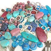 Jewelry Making Bead Lot of Mixed Gemstones, Beads, Metal Components, Southwest Conchos in Turquoise, Blue and Pink Hues