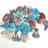 Jewelry Making Bead Lot of Mixed Gemstones, Beads, Metal Components, Southwest Conchos in Turquoise, Blue and Pink Hues
