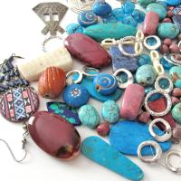 Jewelry Making Bead Lot of Mixed Gemstones, Beads, Metal Components, Southwest Conchos in Turquoise, Blue and Pink Hues