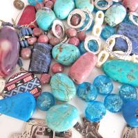 Jewelry Making Bead Lot of Mixed Gemstones, Beads, Metal Components, Southwest Conchos in Turquoise, Blue and Pink Hues