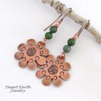 Copper Flower Earrings with Turquoise - Earthy Nature Inspired Handmade Jewelry 