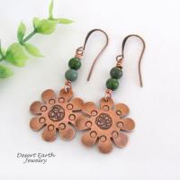 Copper Flower Earrings with Turquoise - Earthy Nature Inspired Handmade Jewelry 