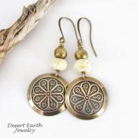 Boho Tribal Brass Earrings with African Carved Bone Beads - Handmade Ethnic Bohemian Moroccan Style Jewelry