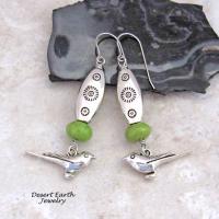 Pewter Bird Dangle Earrings with Green Serpentine Gemstones and Silver Tone Beads - Unique Jewelry Gifts for Nature and Bird Lovers