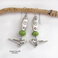 Pewter Bird Dangle Earrings with Green Serpentine Gemstones and Silver Tone Beads - Unique Jewelry Gifts for Nature and Bird Lovers