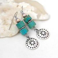 Silver Pewter Concho Earrings with Turquoise Stones - Southwestern Style Jewelry