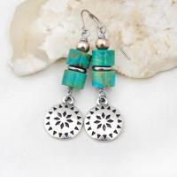 Silver Pewter Concho Earrings with Turquoise Stones - Southwestern Style Jewelry