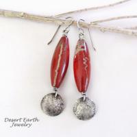 Red Jasper Stone Earrings with Small Sterling Silver Hammered Dangles - Handmade Earthy Natural Stone Jewelry 