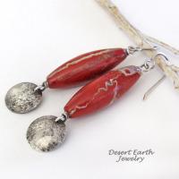 Red Jasper Stone Earrings with Small Sterling Silver Hammered Dangles - Handmade Earthy Natural Stone Jewelry 