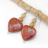 These handmade earrings feature heart shaped brecciated red jasper gemstones accented with beige picture jasper stones on surgical steel ear wires. This type of jasper has a brick red hue with natural inclusions. Full of romantic charm - they'll make a great gift for Valentine's Day, Mother's Day, a wedding anniversary, or simply to say "I love you".